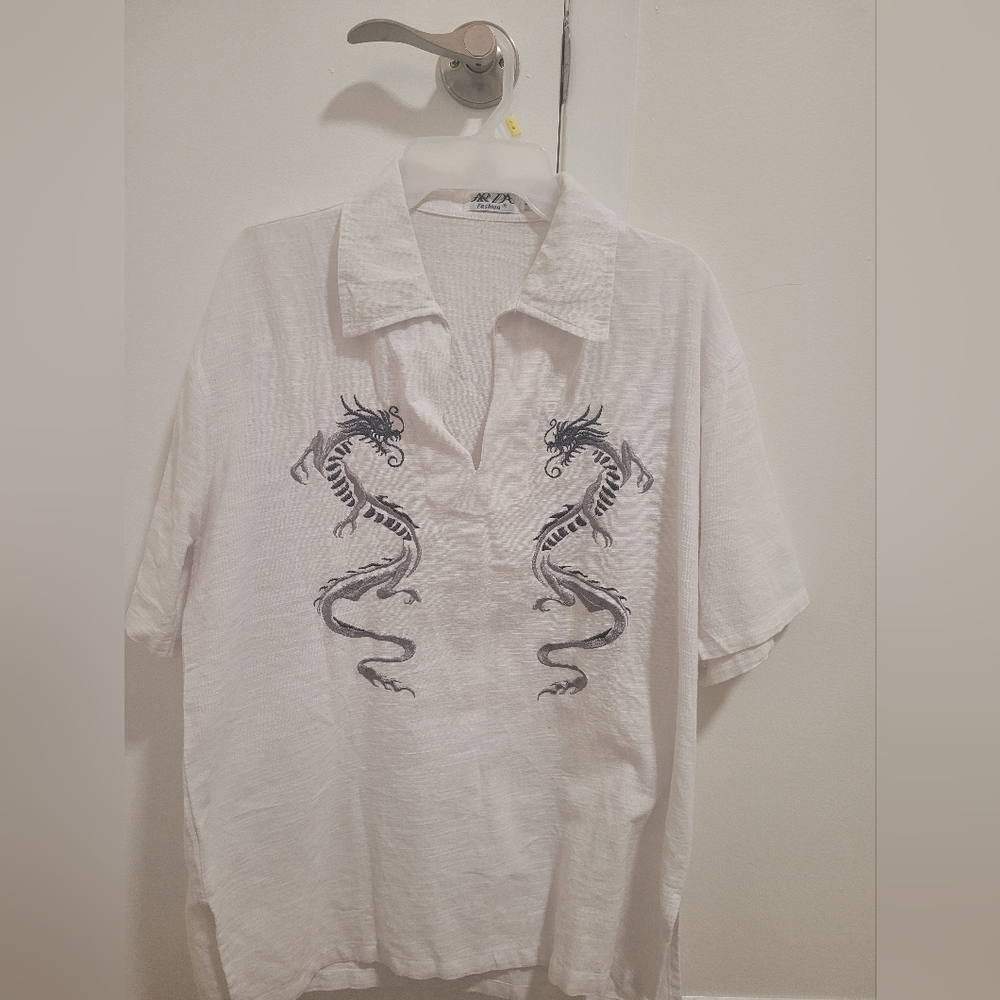 White Shirt with Black Dragon Embroidery